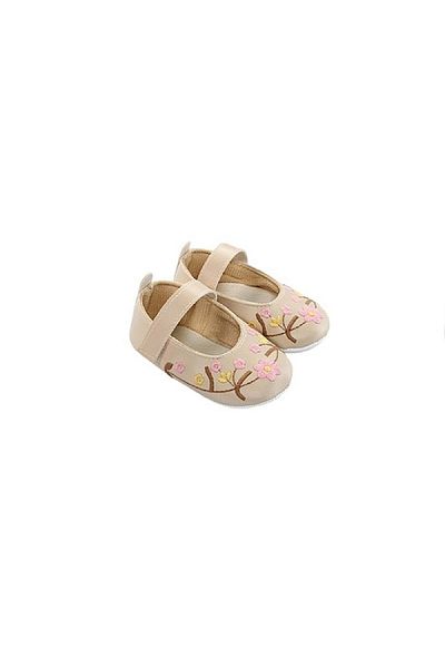 Balgüneş Tekstil Flower Embroidered Baby Ballet Booties Beige