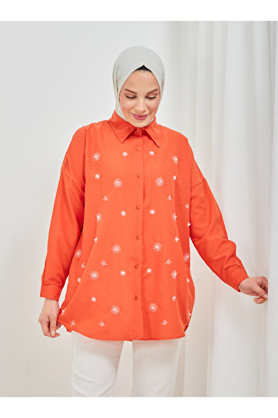 SAHRA BUTİK Orange Daisy Embroidered Pearl Tunic - Sahra Butik