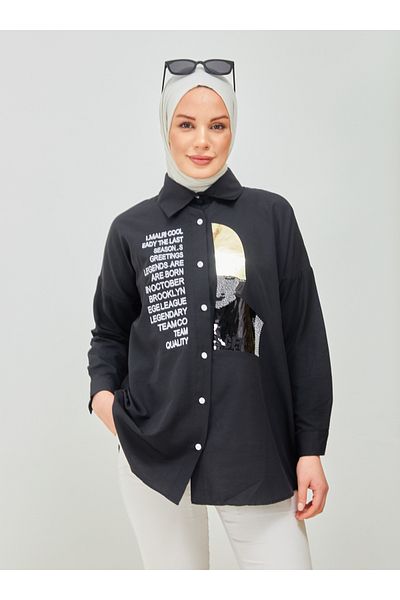 SAHRA BUTİK Black Embroidery and Stone Printed Tunic - Sahra Butik