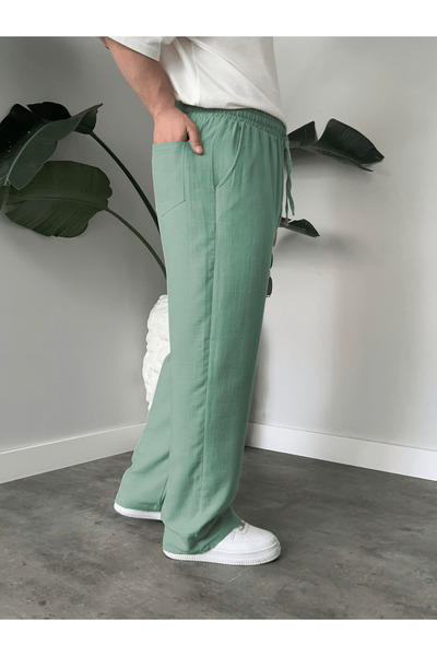 DEEPSENSE Erkek Yeşil Yazlık Müslin Keten Pamuklu Kumaş Rahat Kesim Pantalon