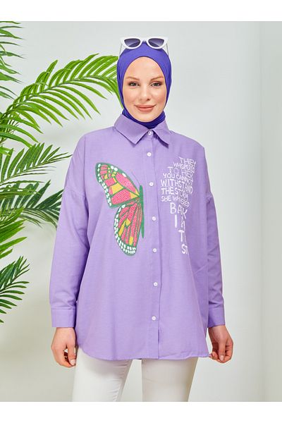 SAHRA BUTİK Lilac Stone Embroidered Butterfly Embroidered Tunic - Sahra Butik