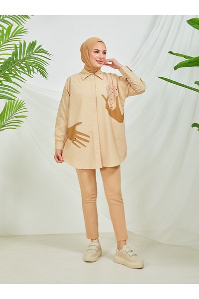 SAHRA BUTİK Sahra Boutique Single Stone Ring Tunic - Biscuit