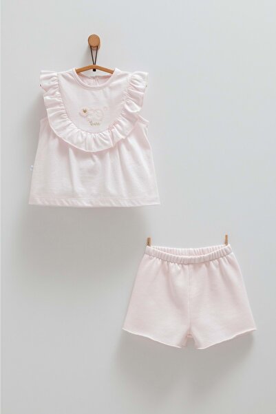 Caramell SUMMER WEAR LOVE BASKILI FIRFIRLI BLUZ ŞORT TAKIM Pembe