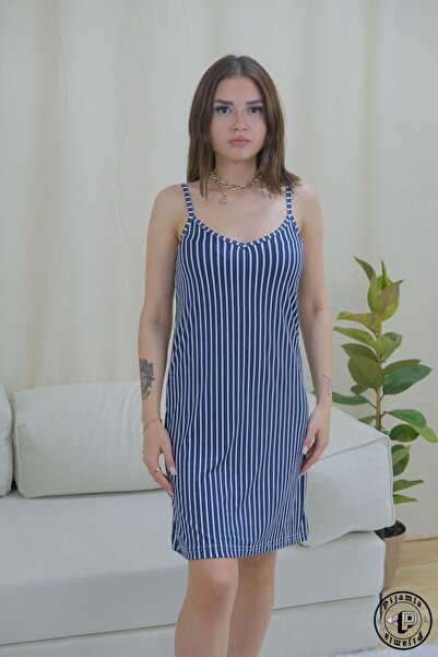 Pijamia Mavi Beyaz Çizgili Askılı Uzun Elbise