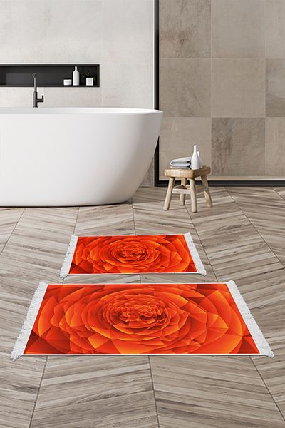 Alanur Home Αντιολισθητική βάση Djt Σετ τουαλέτας Trend Fringed Geometric E5011 Πορτοκαλί