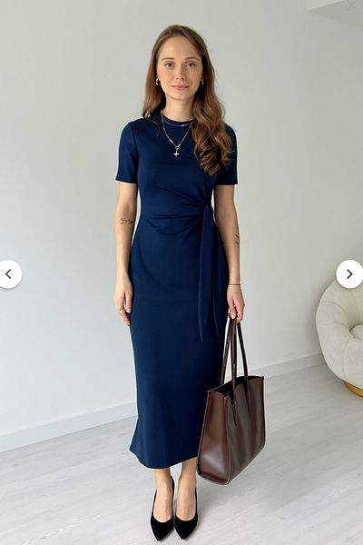 Machetta Women's Navy Blue Modal Fabric Side Tie Detail Slit Dress