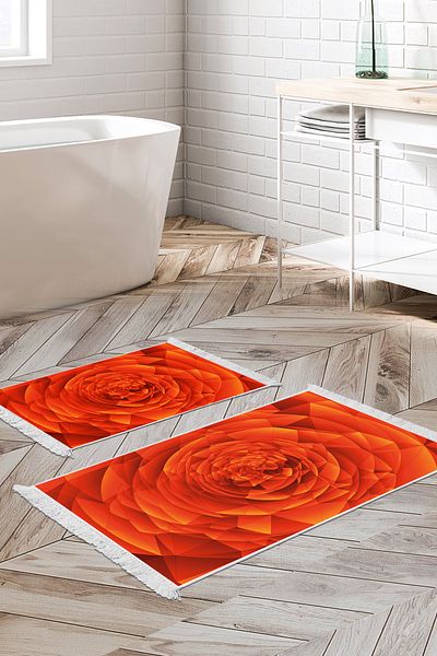 Alanur Home Αντιολισθητική βάση Djt Σετ τουαλέτας Star Cotton Fringe Geometric E5011 Πορτοκαλί