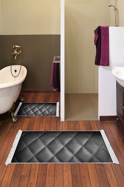 Alanur Home Αντιολισθητική βάση Djt Σετ τουαλέτας Trend Fringed Geometric E5013 Μαύρο