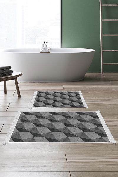 Alanur Home Αντιολισθητική βάση Djt Σετ τουαλέτας Star Leather Fringe Geometric E5010 Grey