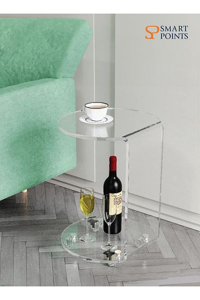 SMARTPOINTS C-Shaped Round Acrylic Side Sofa Table on Wheels, Clear Rolling Decoration Table for Liv