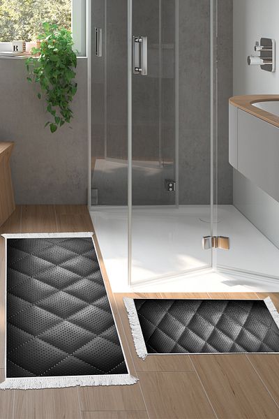 Alanur Home Αντιολισθητική βάση Djt Σετ τουαλέτας Star Leather Fringe Geometric E5013 Μαύρο