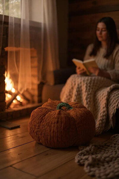 Zuviel Deco Handmade 35x20 El Yapımı Balkabağı Dekoratif Puf, Pumpkin, Örgü M...