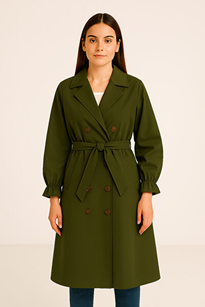 Fien Kadın Kruvaze Yaka Kuşaklı Trençkot – Yeşil Renk