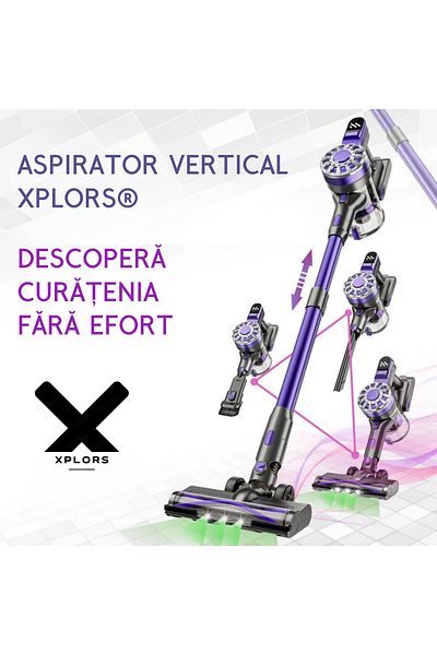 XPLORS Aspirator Vertical Fara Fir ®, 180w, 12000pa, Filtrare 5 Stadii, Lumina Led Uv, Durata 40min, Violet