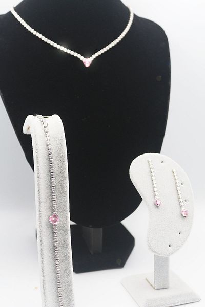 MOSSMOUR Pink Heart Stone Zircon Necklace Bracelet Earrings Special Occasion Wedding Engagement Gift Jewelry Set