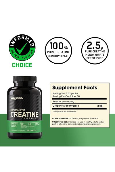 Optimum Nutrition Micronized Creatine Capsules, 100 Capsules, Pure Creatine Monohydrate