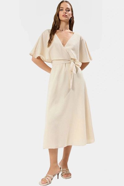 PayBuy A-Line Linen Look Midi Dress Short Angel Sleeve Lined Cape Detail Modern Style