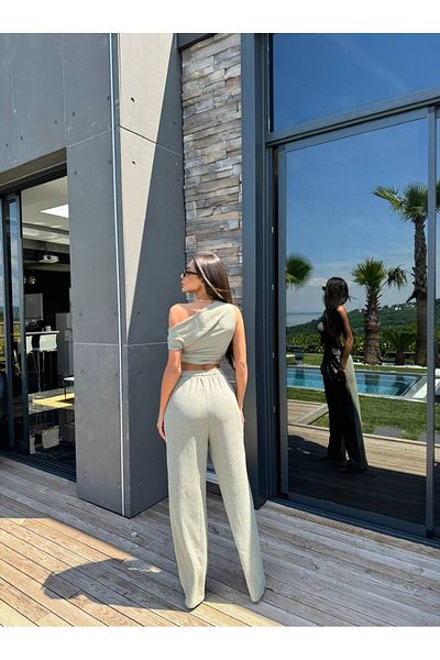 MODAMOR Khaki One Shoulder Detail Fit Cut Double Suit-Bluez Pants