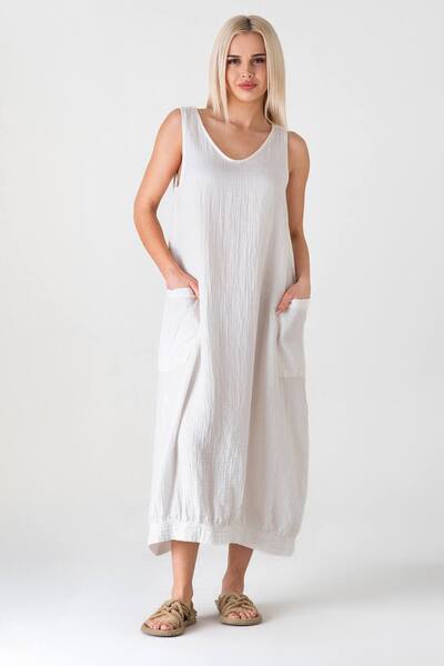 Fashion Showcase Muslin Fabric 100% Cotton Sleeveless Summer Casual Authentic Dress White