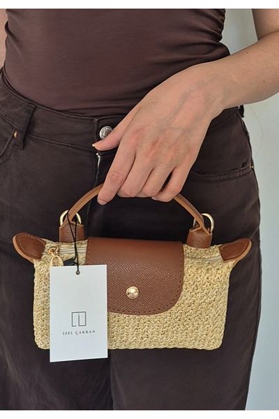 İzel Çakran Georgina Brown Cover Detailed Summer Mini Straw Hand & Shoulder Bag