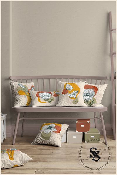 SasoHome Set de 4 huse de pernă imprimate digital cu model de flori albe pe fundal crem