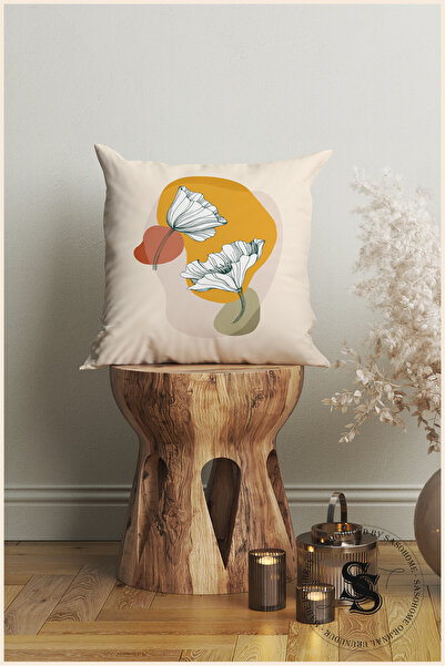 SasoHome Set of 4 Digital Printed Throw Pillow Covers with White Flowers Pattern on a Cream Background