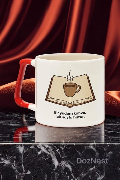 DozNest "A Sip of Coffee, a Page of Peace" Written Red Handle Mug Cup - Gift Coffee Cup Dza87