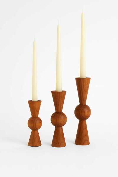 mebaconcept Doğal Ahşap Tik Renk Şamdan Seti 17.5cm & 15cm & 12.5 , El Yapımı...