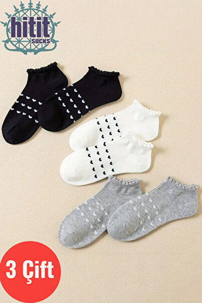 Hitit Socks Дамски 3 чифта пантофи с високо качество, с мотив на сърце и ресн...