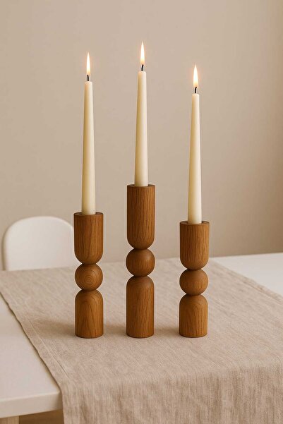 mebaconcept Doğal Ahşap Burma Renk Şamdan Seti 17.5cm & 15cm & 12.5 , El Yapı...