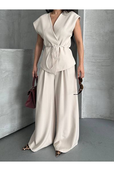 LOBOLIC Modern Style Double Breasted Suit - Belted Top & Wide Leg Pants