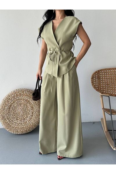 LOBOLIC Modern Style Double Breasted Suit - Belted Top & Wide Leg Pants