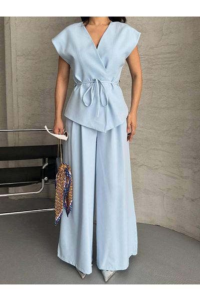 LOBOLIC Modern Style Double Breasted Suit - Belted Top & Wide Leg Pants