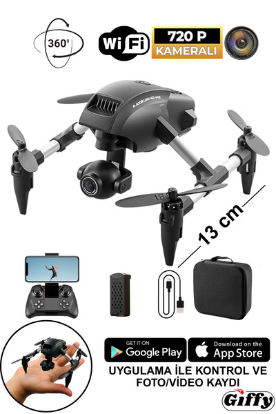 giffy Oyuncak Mini Kameralı Başlangıç Drone Uzaktan Kumandalı Uygulama Kontrollü 720p Takla Atan Drone