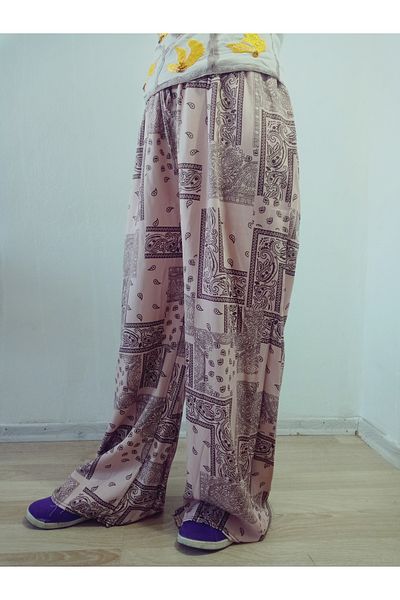 hoaryage Ethnic Patterned 100% Cotton Viscose Pressed Trousers with Elastic Waist36-42Size