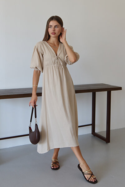 Balenbi Γυναικείο ελαφρύ διαφανές βασικό φόρεμα μουσελίνας με δέσιμο μπροστά 1105