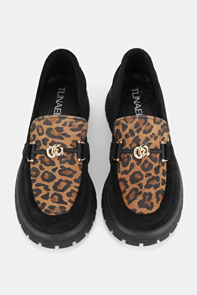 TUNAELLİ ДАМСКИ ЧЕРНИ ВЕЛУРЕНИ ОБУВКИ ОТ ЕСТЕСТВЕНА КОЖА С ЛЕОПАРДОВ ШАРЕН С КАТАМАРА, РАЗМЕР 36-41