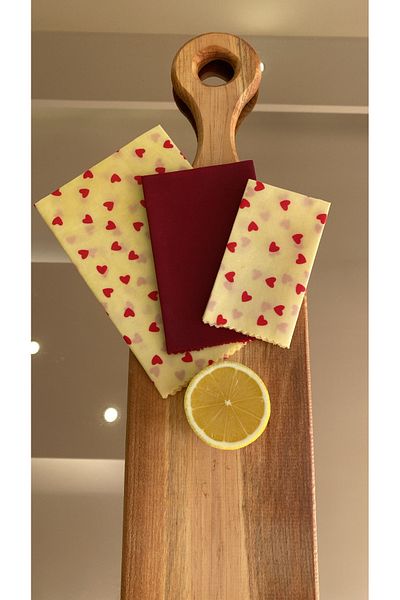 Home Heart Patterned Fabric Reusable Natural Waxed (Wax) Food Storage Cloth Set of 3