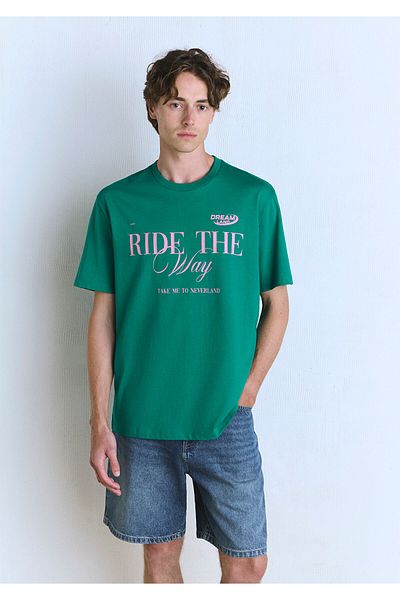 Mavi Πράσινο T-Shirt με Εκτύπωση Ride The Way Loose Fit / Χαλαρή Άνετη Κόψη 0612781-71877