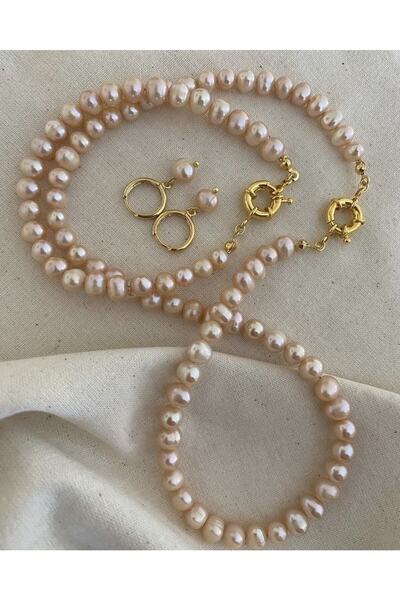 MİRSTAR GERÇEK ROSE İNCİ KÜPE, BİLEKLİK, KOLYE takı seti