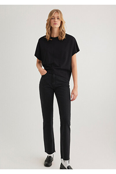 Mavi Dikiş Detaylı Siyah Tişört Oversize / Geniş Kesim 1612680-900