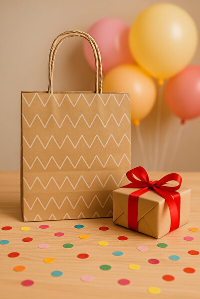 HDF PAZARLAMA 25 ADET ZİKZAK DESENLİ 15*8*20 KRAFT ÇANTA