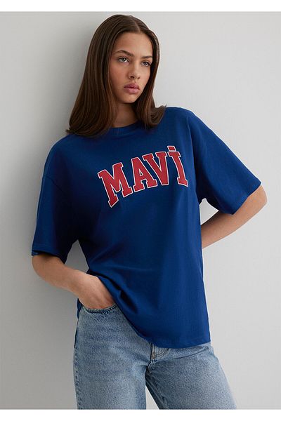 Mavi Marineblaues T-Shirt mit Logo-Print in Übergröße/Breite Passform 1600843 -82625