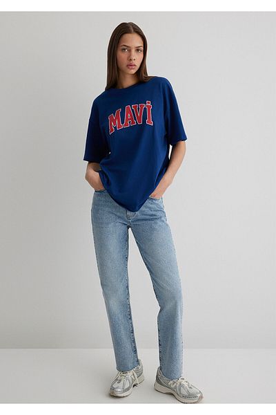 Mavi Marineblaues T-Shirt mit Logo-Print in Übergröße/Breite Passform 1600843 -82625