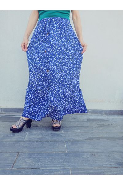 hoaryage Viscose Push - Fusta cu flori crocante cu volane si detaliu cu nasturi