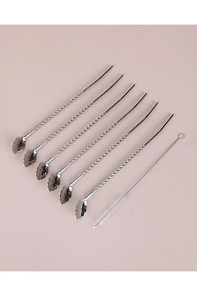 Tohana Steel Straw with Spoon 6pcs + Brush Cocktail Stirrer Cocktail Spoon Bar Cocktail Spoon 6pcs