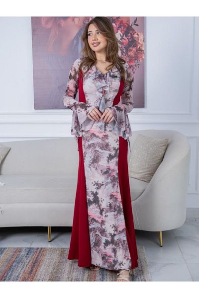 Nice Model Elegant Pink Sunset Crepe Dress Long Ruffle Collar Evening Occasion Women's Burgundy Patterned