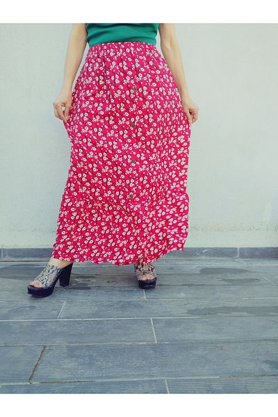 hoaryage Viscose Push - Fusta cu flori crocante cu volane si detaliu cu nasturi