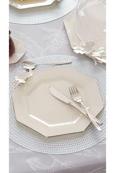 Glore Dolmabahçe 6-Person Glass Serving Plate - Octagonal Cream Platinum Gilded