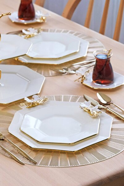 Glore Dolmabahçe Octagonal Cream Gold Gilt Glass Serving Plate Set for 6 Persons